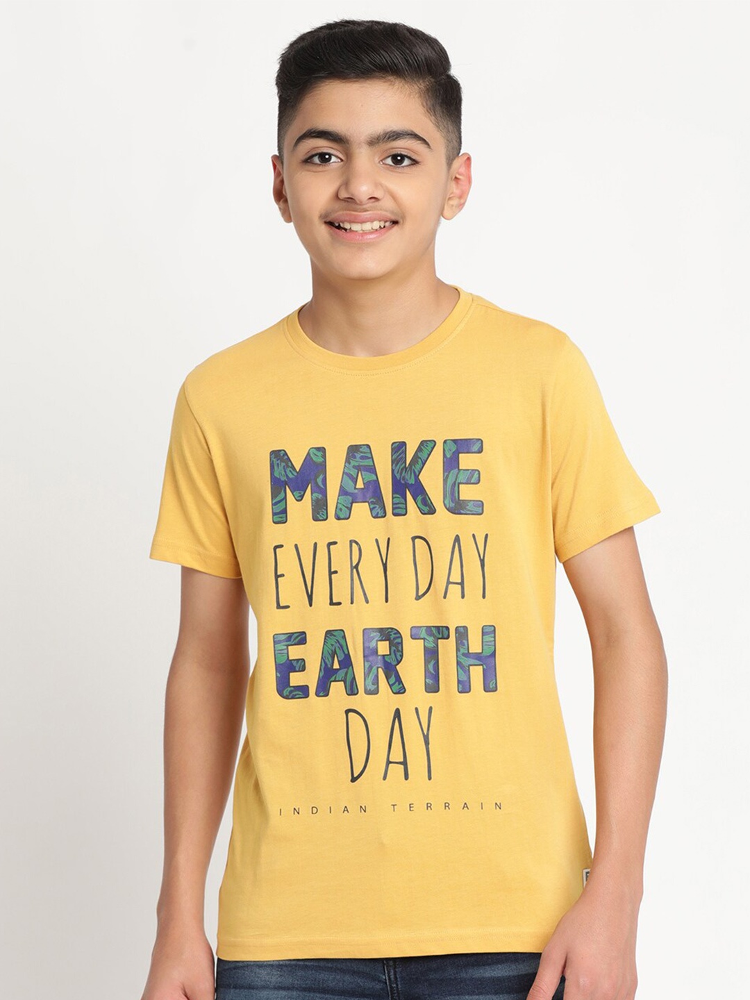 

Indian Terrain Boys Typography Printed Pure Cotton T-shirt, Gold