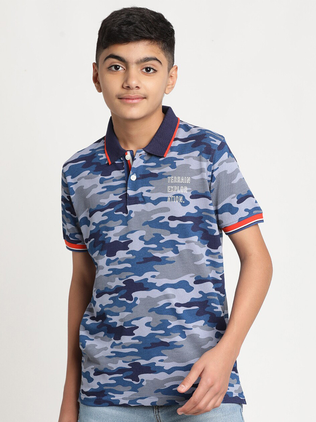 

Indian Terrain Boys Printed Polo Collar Pure Cotton T-shirt, Blue