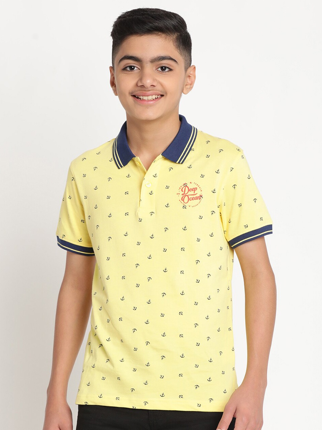 

Indian Terrain Boys Printed Polo Collar Pure Cotton T-shirt, Yellow