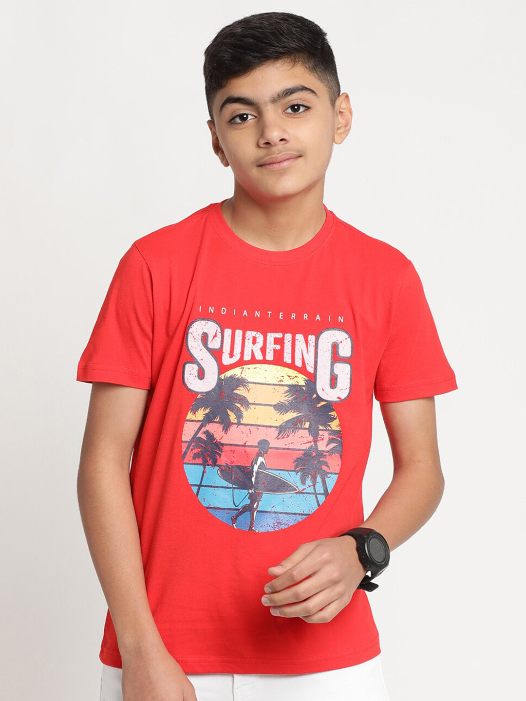 

Indian Terrain Boys Typography Printed Pure Cotton T-shirt, Red