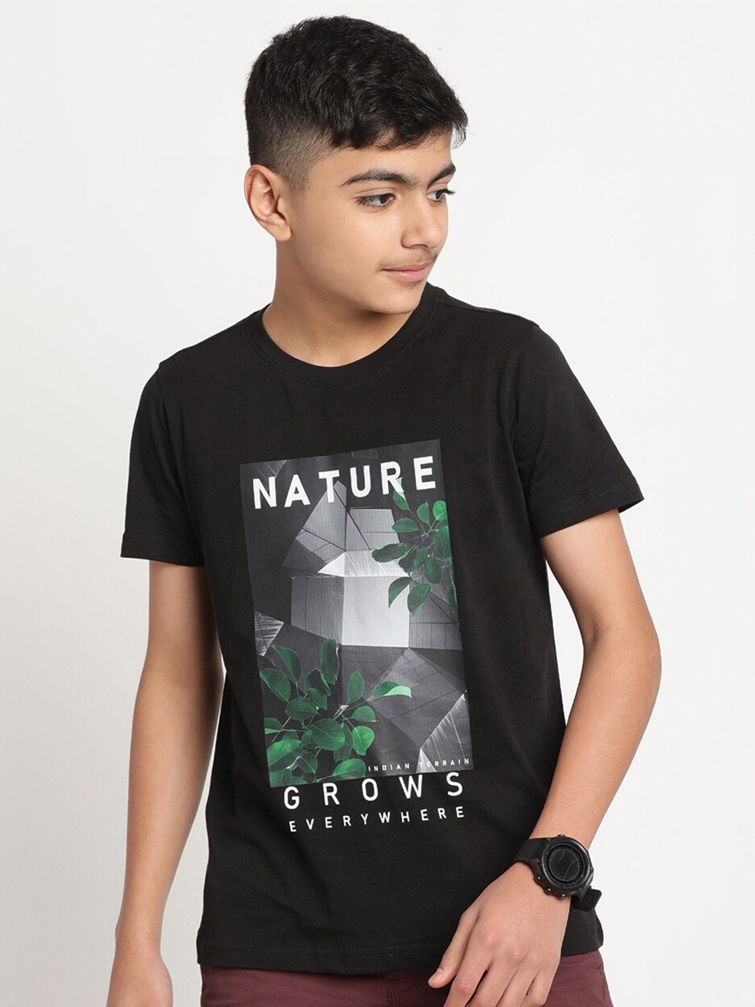 Indian Terrain Boys Typography Printed Pure Cotton T-shirt, Black