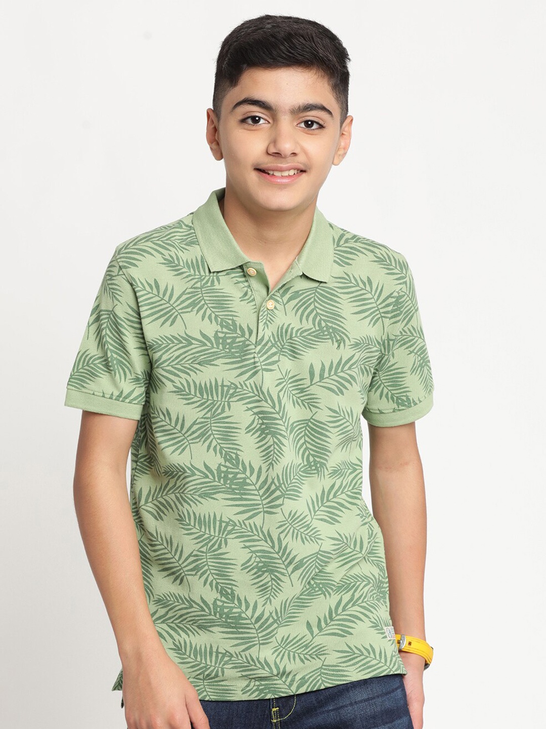 

Indian Terrain Boys Tropical Printed Polo Collar Pure Cotton T-shirt, Green