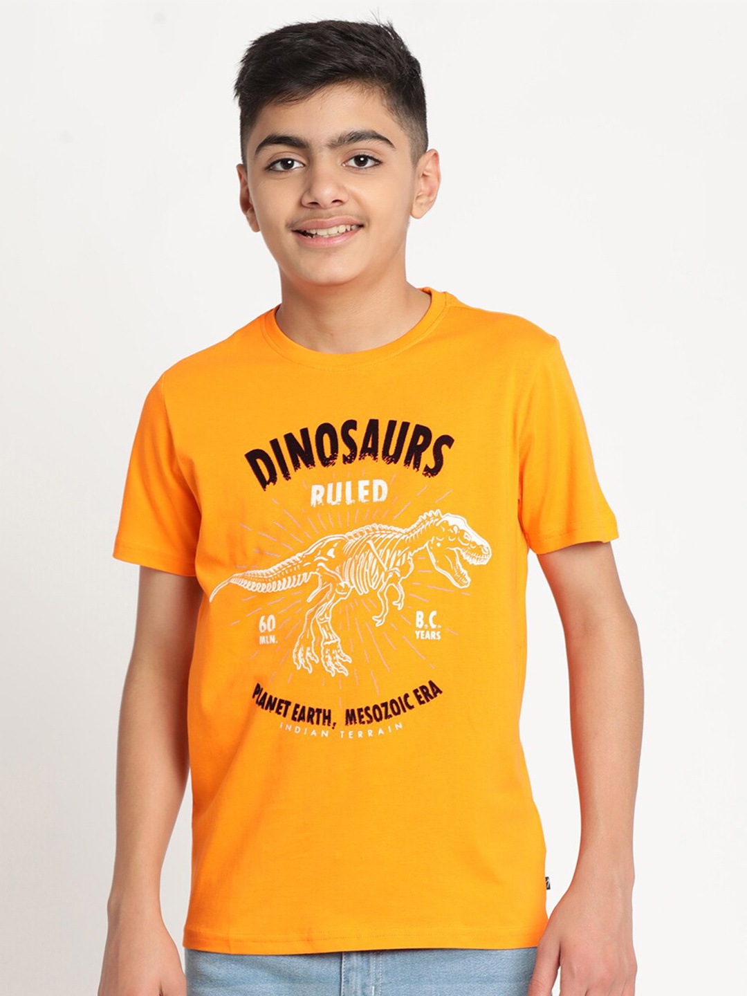 

Indian Terrain Boys Printed Pure Cotton T-shirt, Orange
