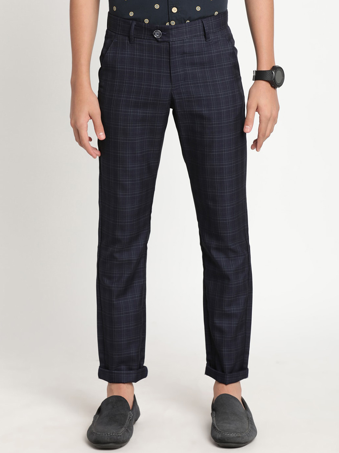 

Indian Terrain Boys Checked Original Slim Fit Chinos Trousers, Blue