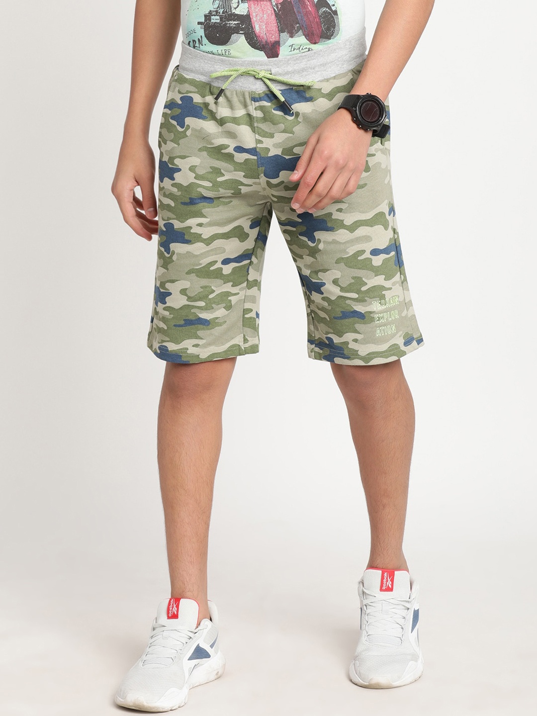 

Indian Terrain Boys Camouflage Printed Cotton Slim Fit Running Shorts, Green