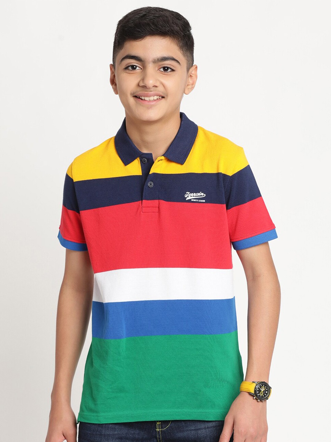 

Indian Terrain Boys Striped Polo Collar Cotton T-shirt, Yellow