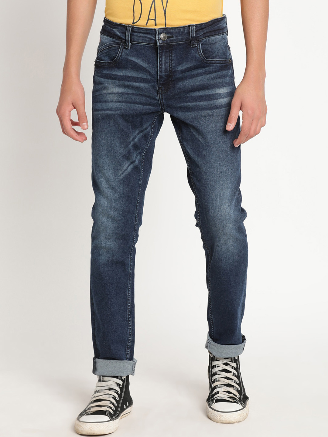 

Indian Terrain Boys Lean Slim Fit Heavy Fade Cuffed Hem Cotton Jeans, Blue