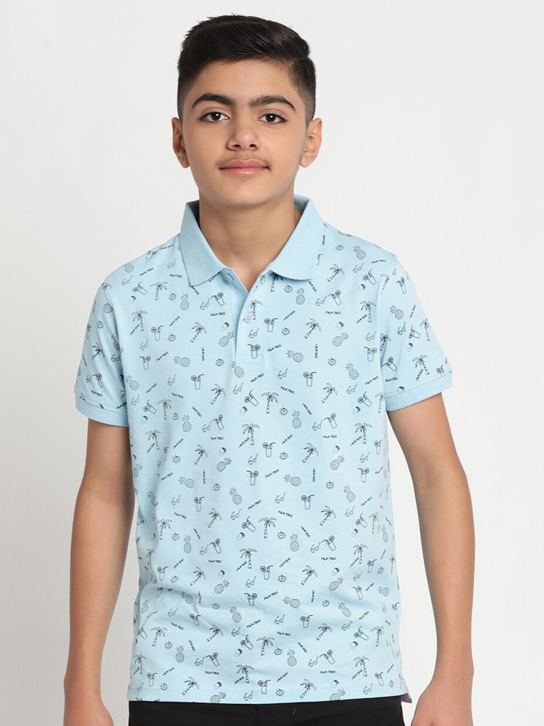 

Indian Terrain Boys Printed Polo Collar Slim Fit Cotton T-shirt, Blue