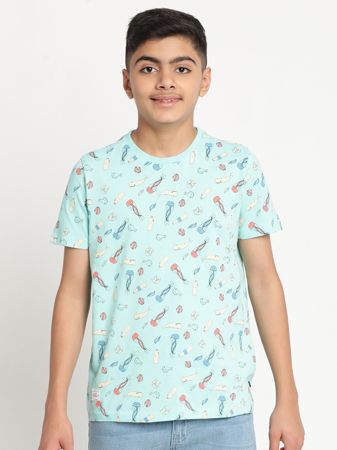 

Indian Terrain Boys Printed Pure cotton T-shirt, Sea green