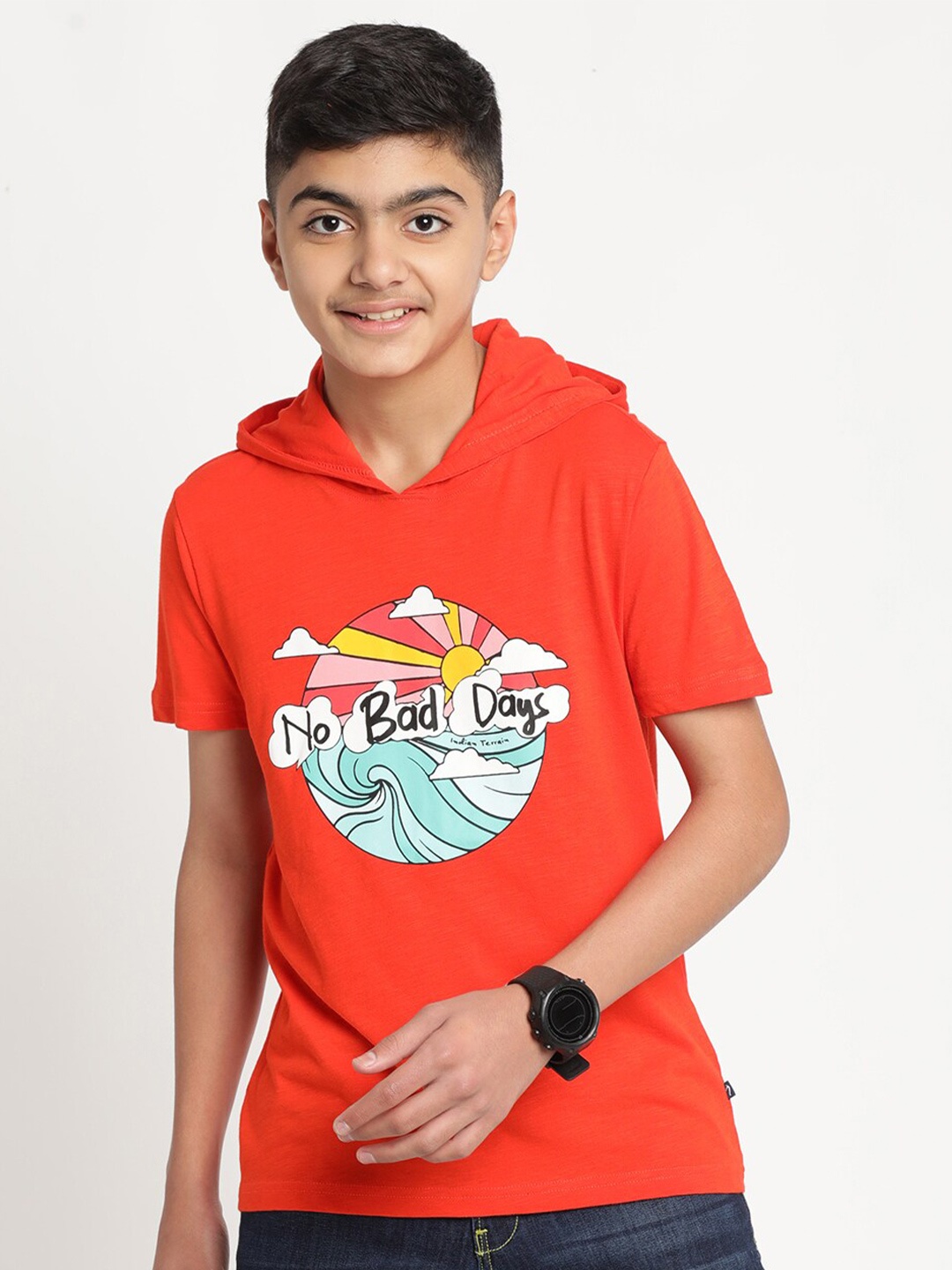 

Indian Terrain Boys Printed Pure Cotton T-shirt, Orange