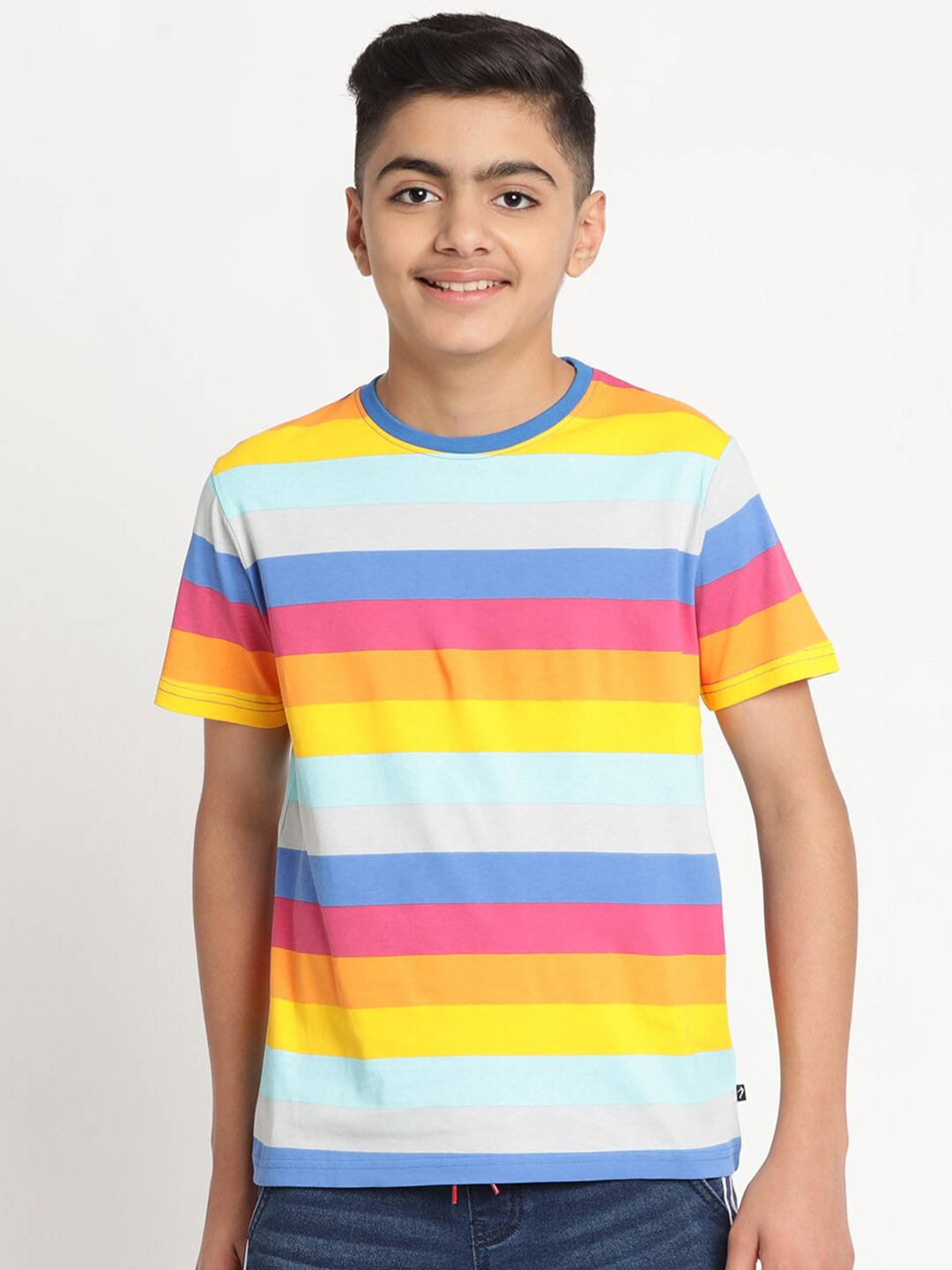 

Indian Terrain Boys Striped Pure Cotton T-shirt, Yellow