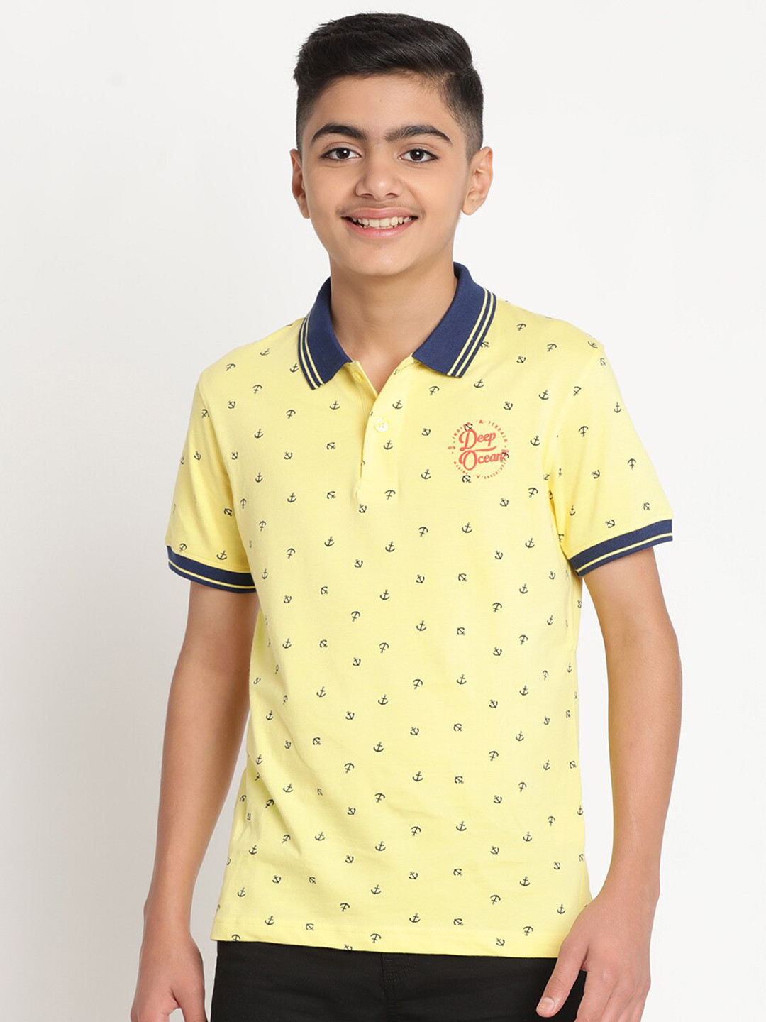 

Indian Terrain Boys Nautical Printed Polo Collar Pure Cotton T-shirt, Yellow
