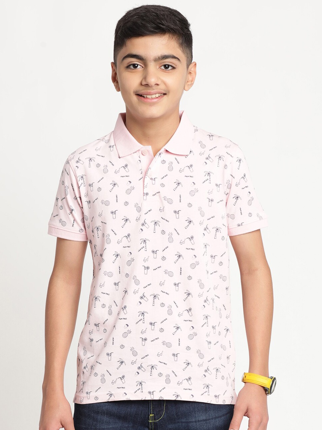 

Indian Terrain Boys Printed Polo Collar Slim Fit T-shirt, Pink