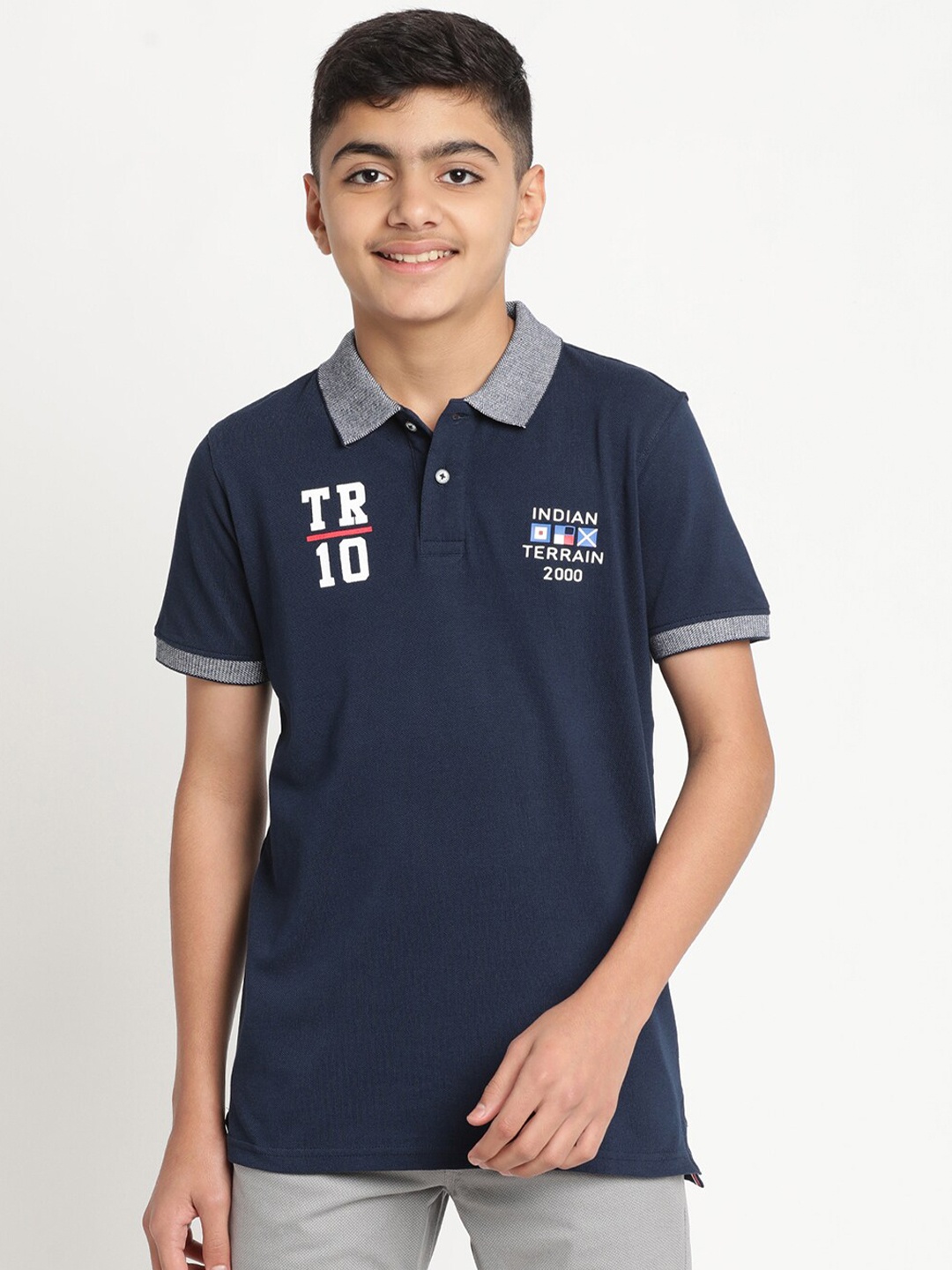 

Indian Terrain Boys Polo Collar Slim Fit Cotton T-shirt, Navy blue