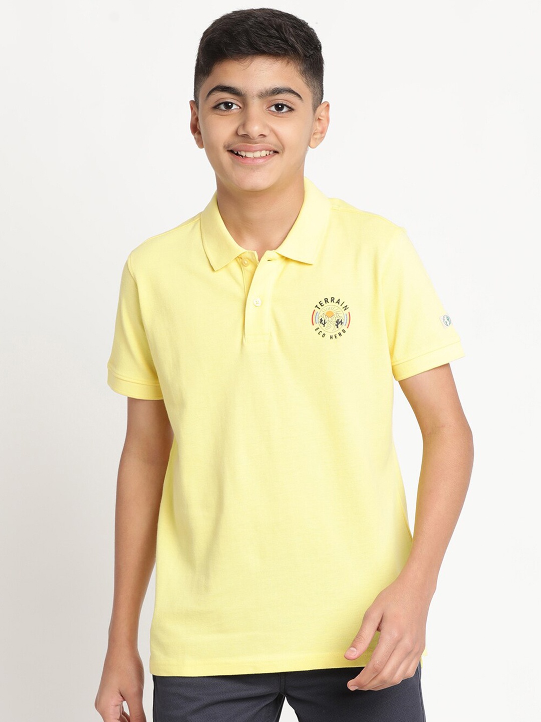 

Indian Terrain Boys Slim Fit Polo Collar Cotton T-shirt, Yellow