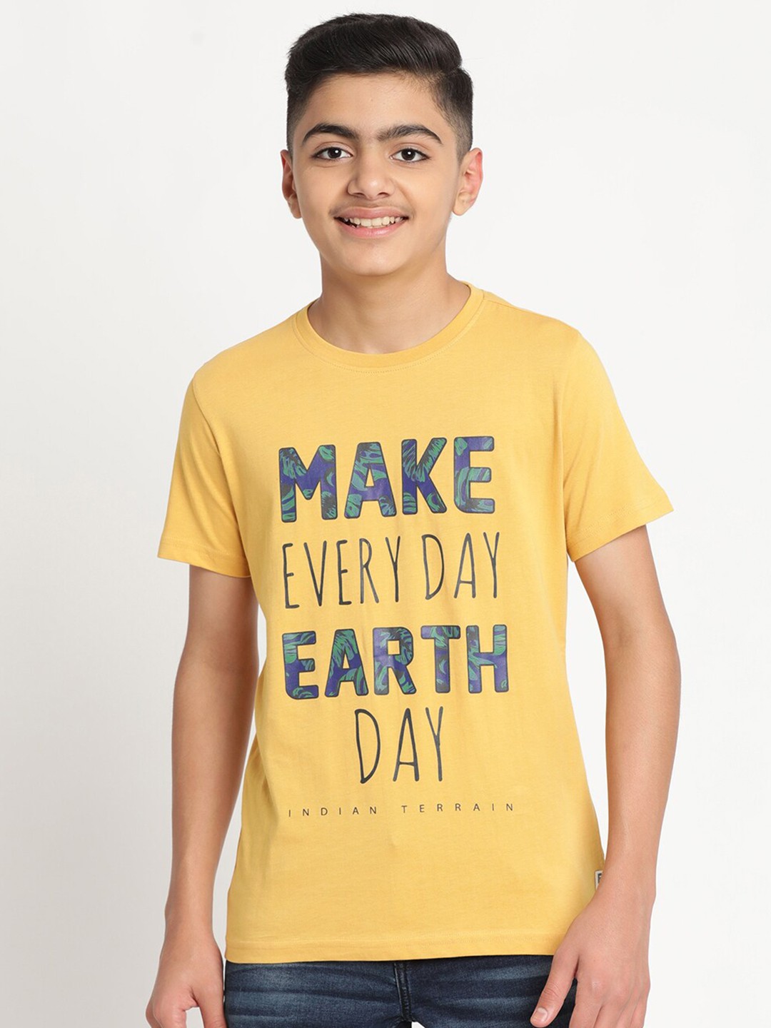 

Indian Terrain Boys Typography Printed Slim Fit Cotton T-shirt, Yellow