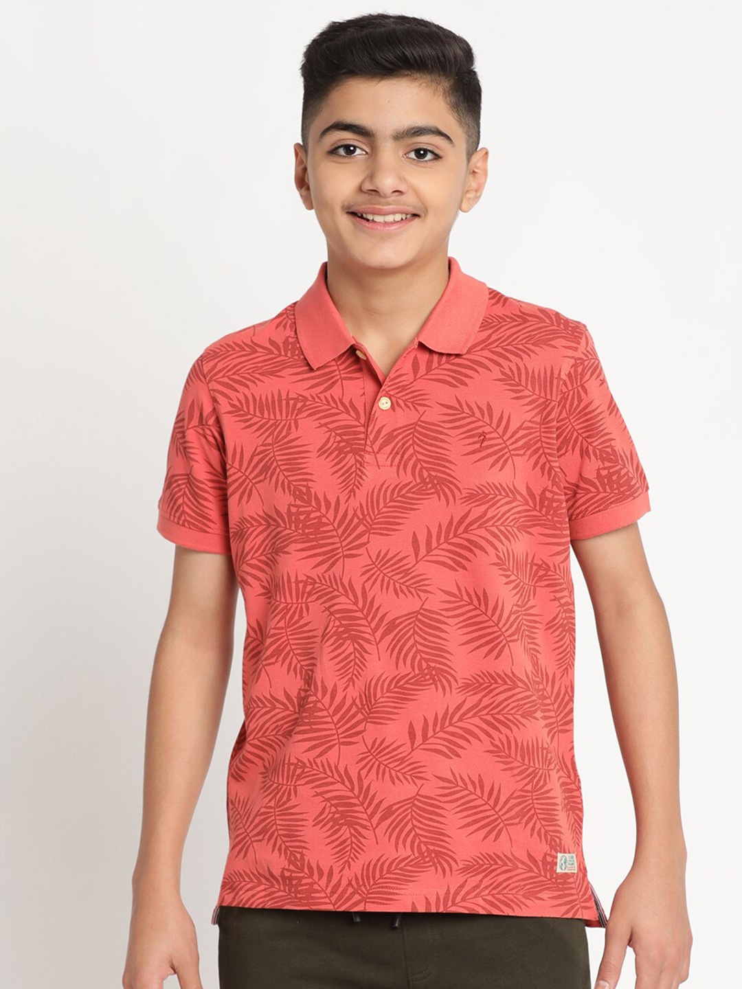 

Indian Terrain Boys Printed Polo Collar Tropical Slim Fit Cotton T-shirt, Red