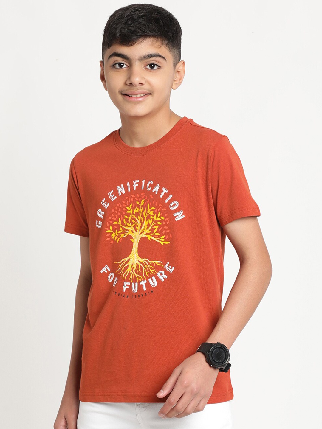 

Indian Terrain Boys Typography Printed Cotton T-shirt, Brown