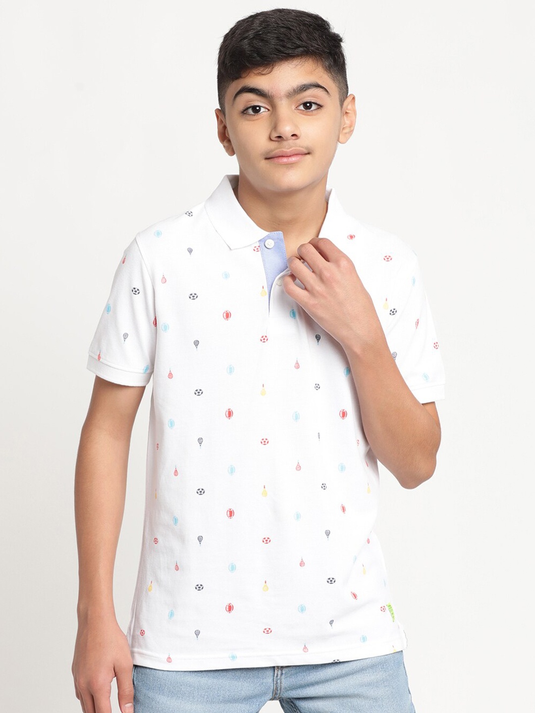 

Indian Terrain Boys Conversational Printed Polo Collar Cotton T-shirt, White