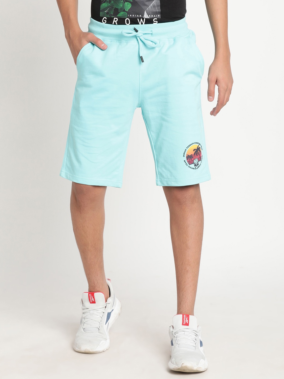 

Indian Terrain Boys Printed Slim Fit Pure Cotton Shorts, Sea green