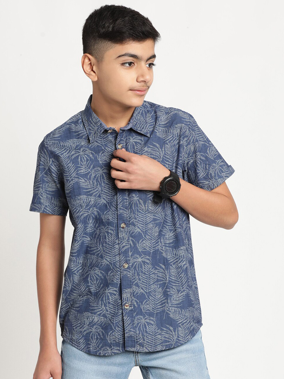 

Indian Terrain Boys Tropical Printed Standard Casual Cotton Shirt, Blue