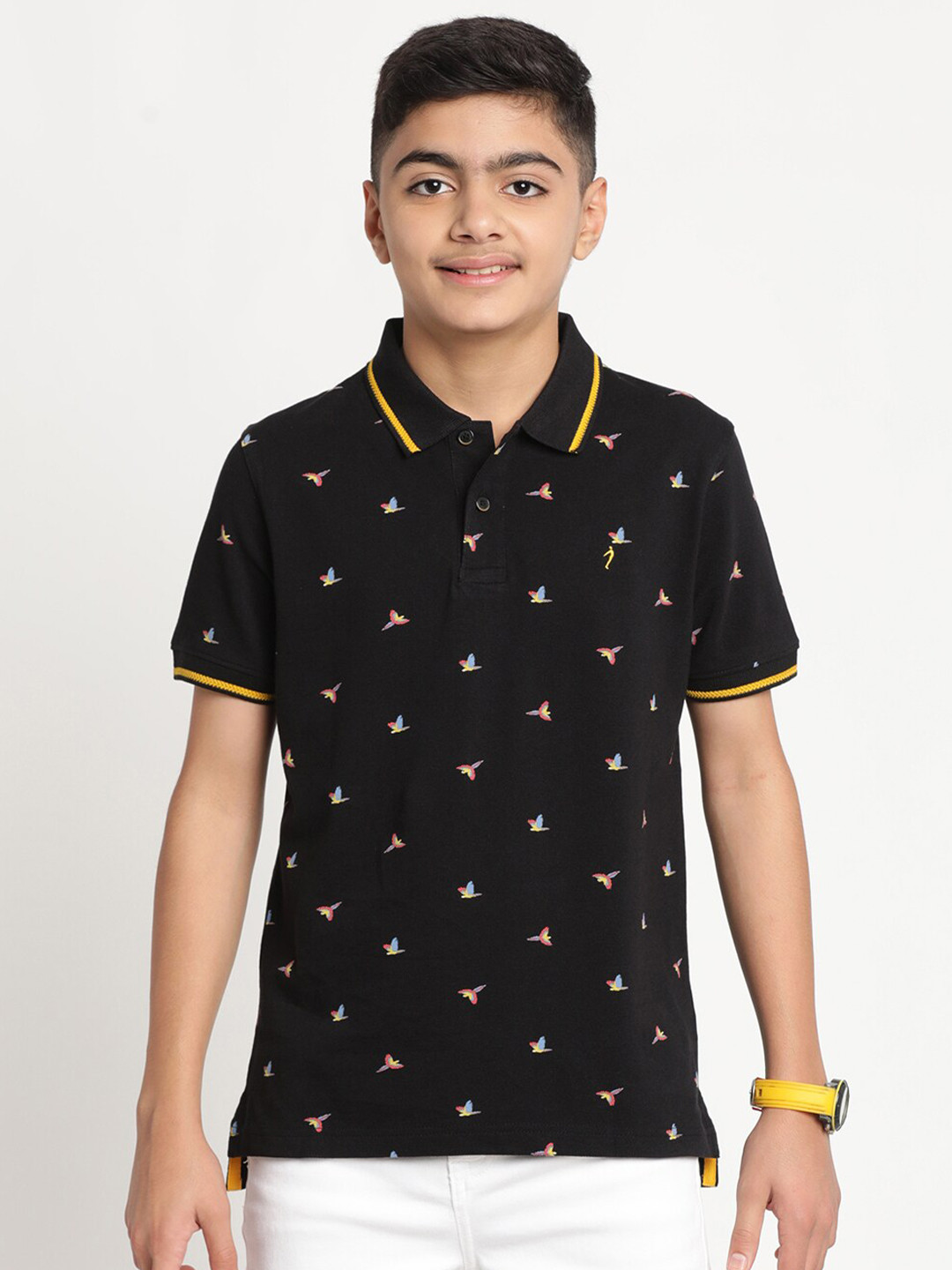 

Indian Terrain Boys Conversational Printed Polo Collar Pure Cotton T-shirt, Black
