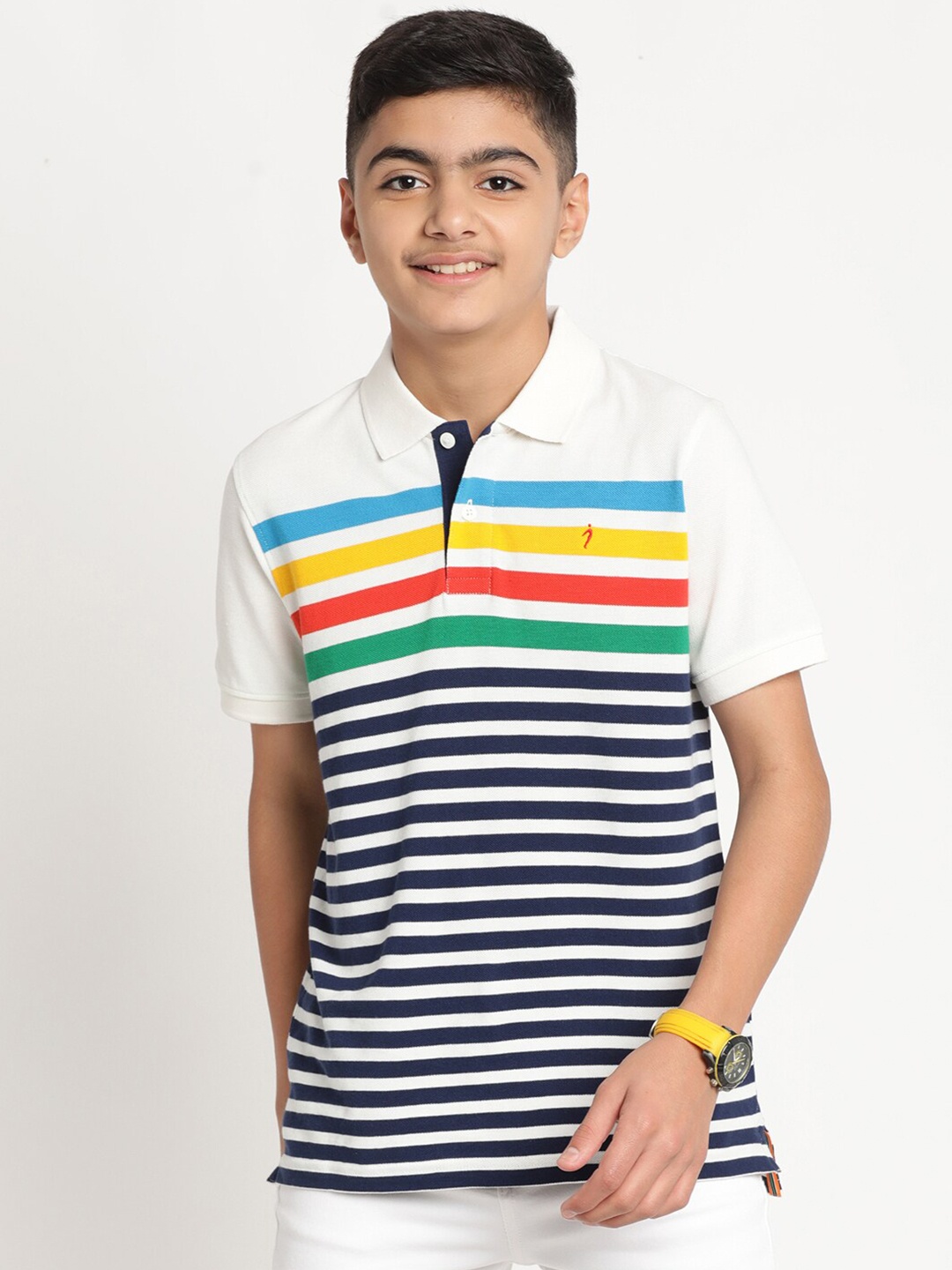 

Indian Terrain Boys Striped Polo Collar Pure Cotton T-shirt, White