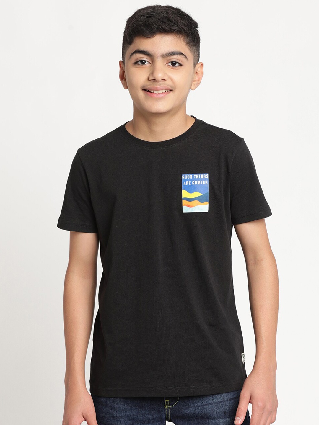 Indian Terrain Boys Graphic Printed Pure Cotton T-shirt, Black