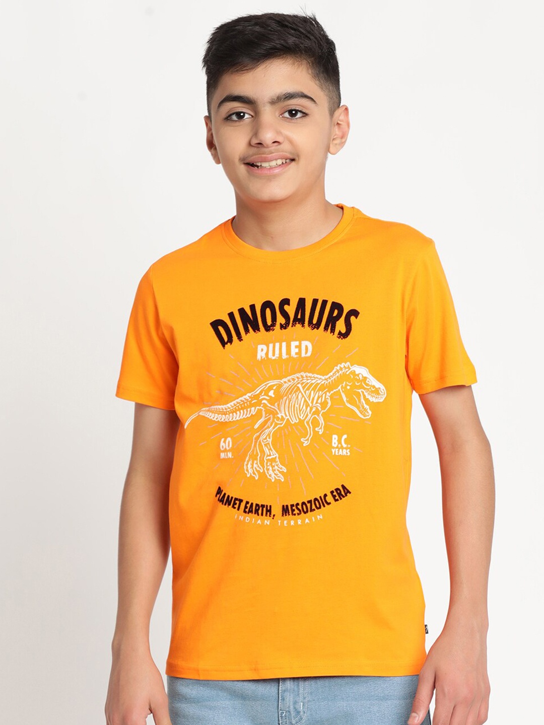 

Indian Terrain Boys Typography Printed Pure Cotton T-shirt, Orange