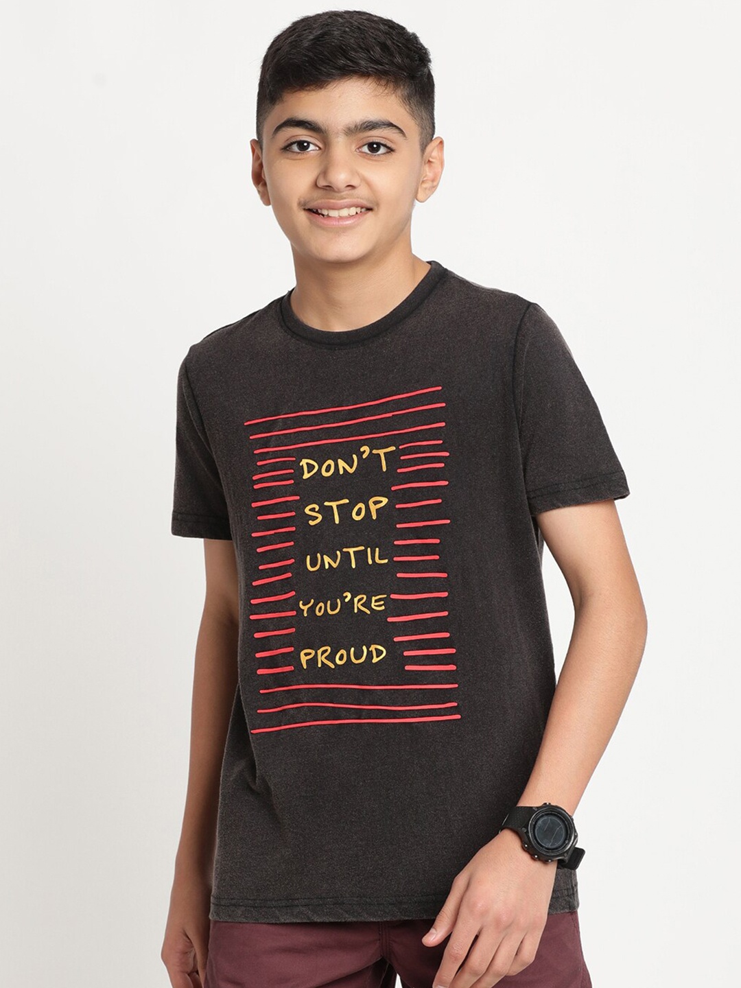 

Indian Terrain Boys Typography Printed Pure Cotton T-shirt, Black