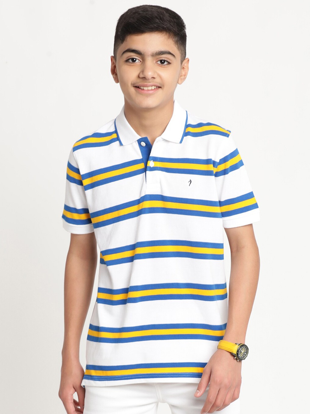 

Indian Terrain Boys Striped Polo Collar Pure Cotton T-shirt, White