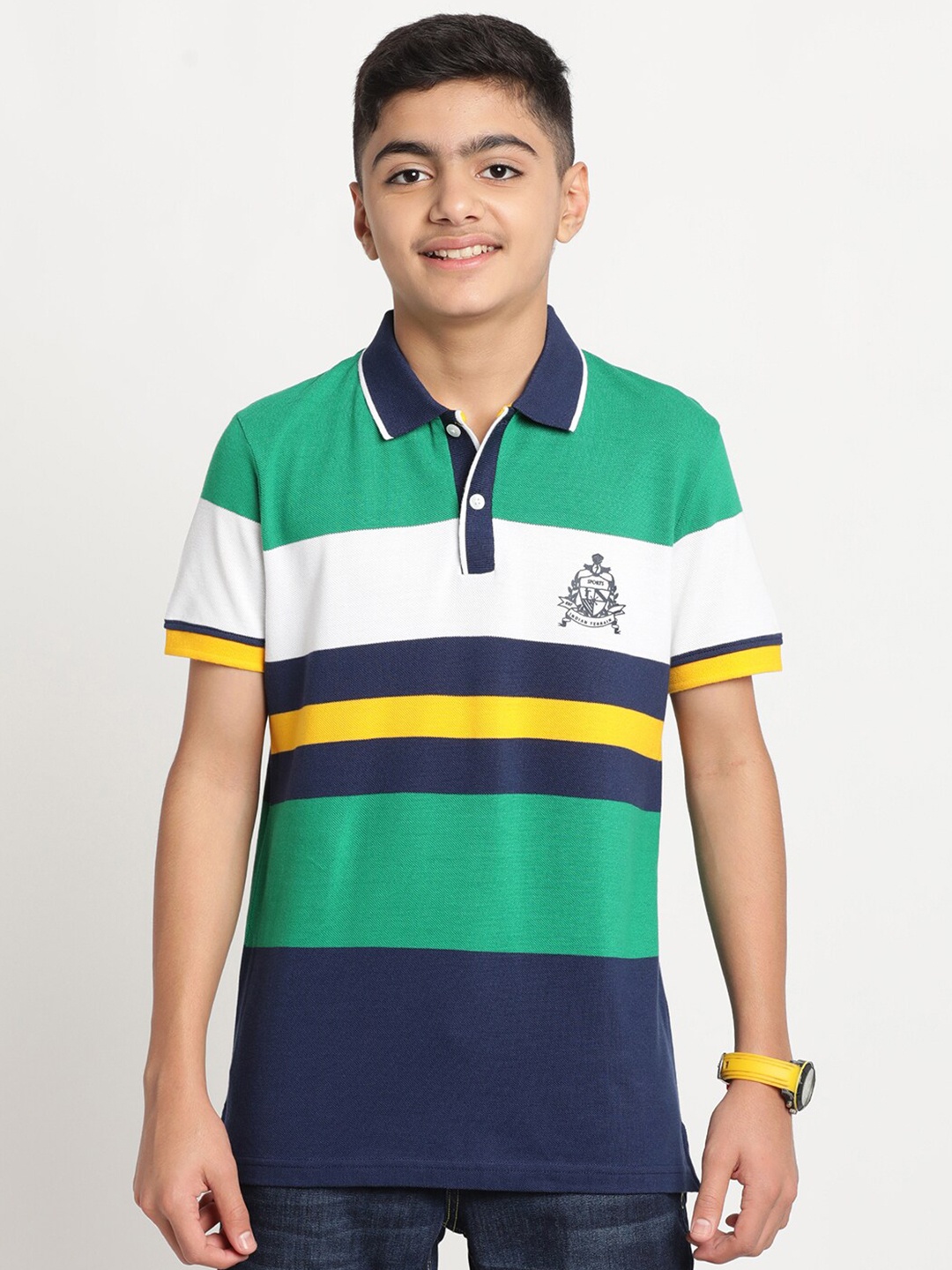 

Indian Terrain Boys Colourblocked Polo Collar Slim Fit Pure Cotton T-shirt, Green