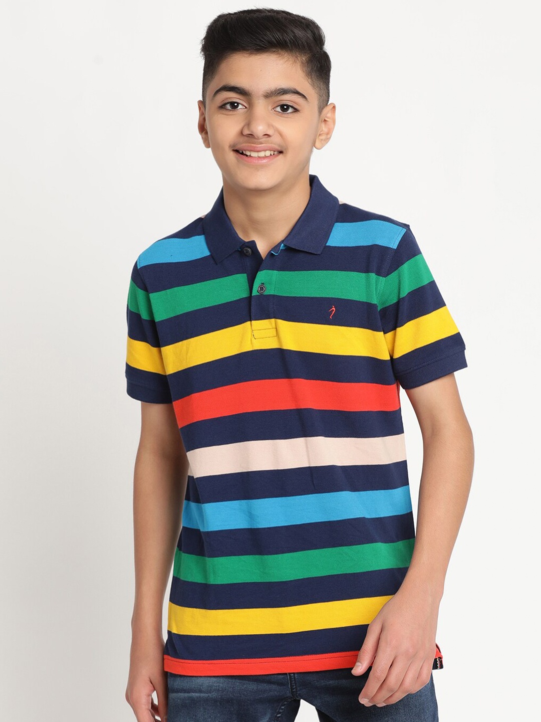 

Indian Terrain Boys Striped Polo Collar Slim Fit T-shirt, Blue