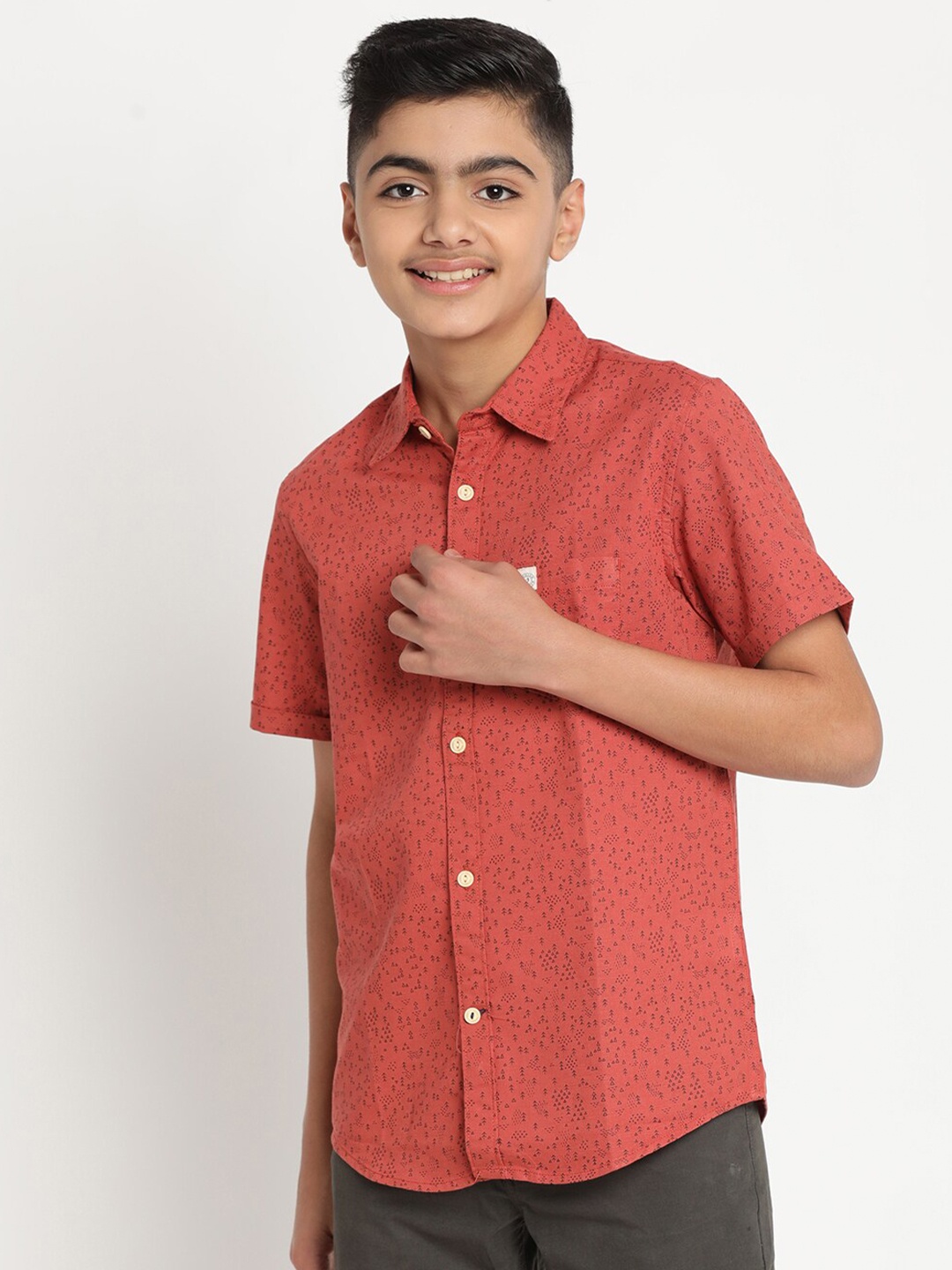 

Indian Terrain Boys Micro Ditsy Printed Casual Pure Cotton Shirt, Coral