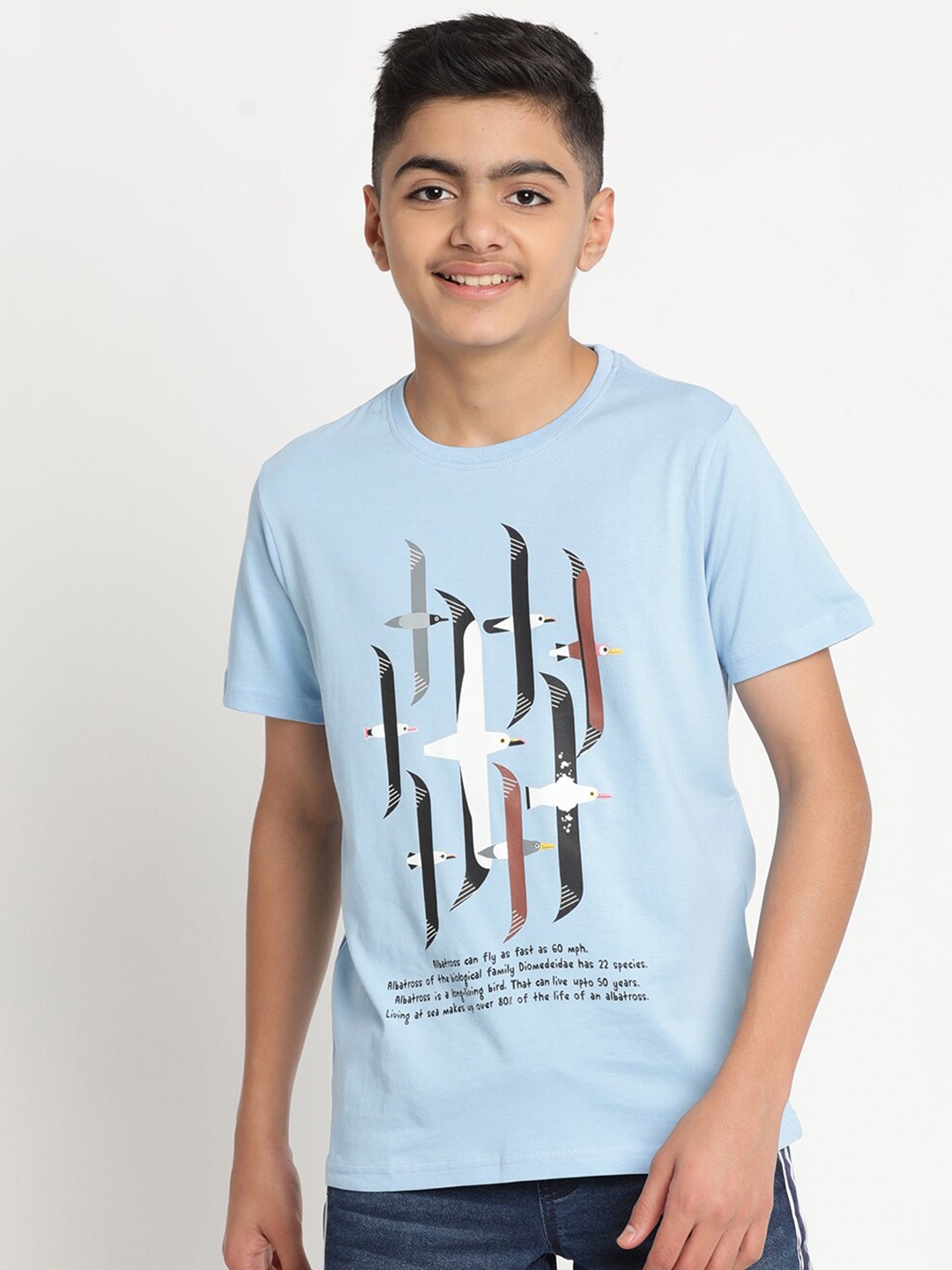 Indian Terrain Boys Printed Slim Fit Pure Cotton T-shirt, Blue