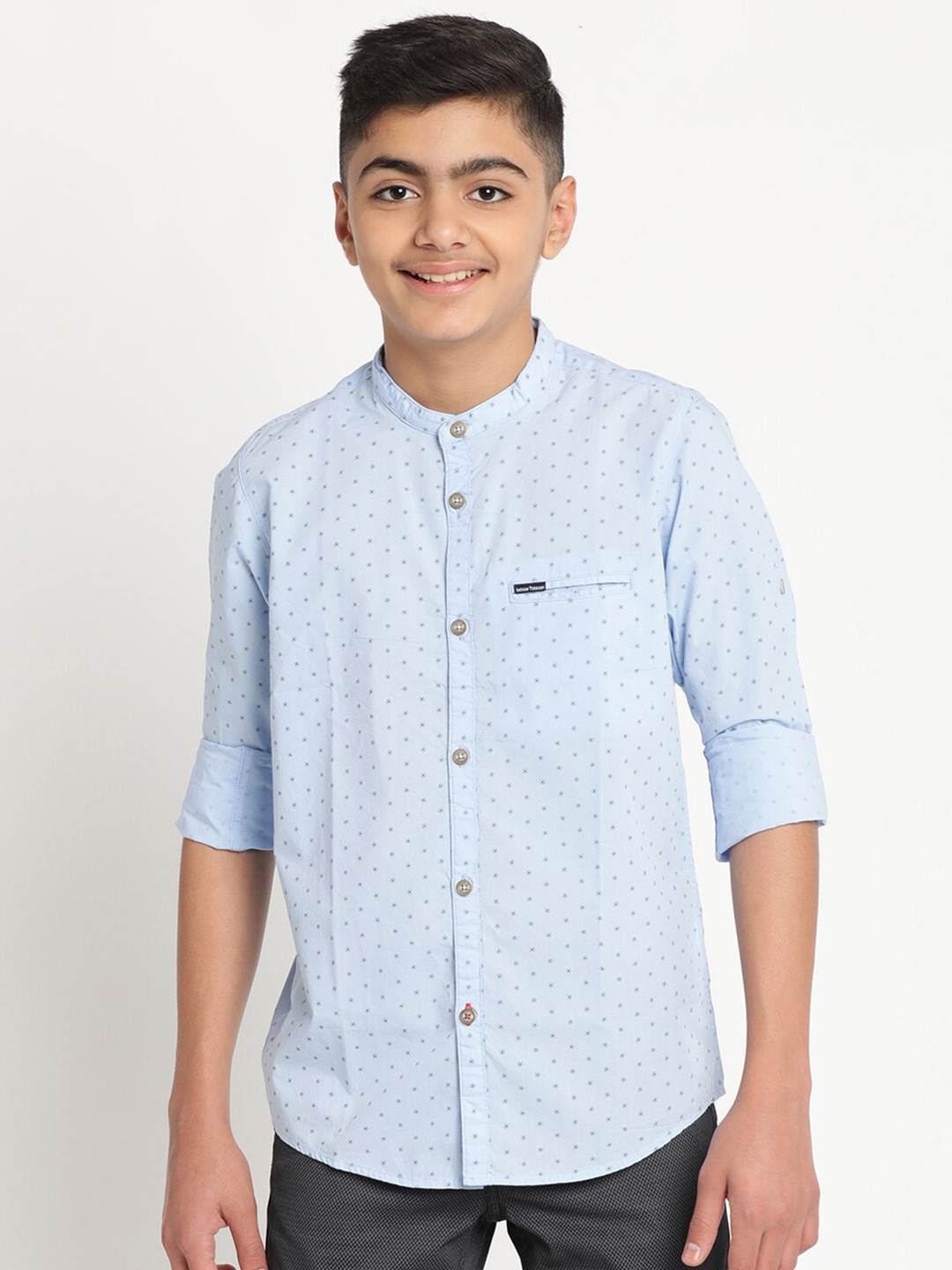 

Indian Terrain Boys Mandarin Collar Standard Printed Casual Cotton Shirt, Blue