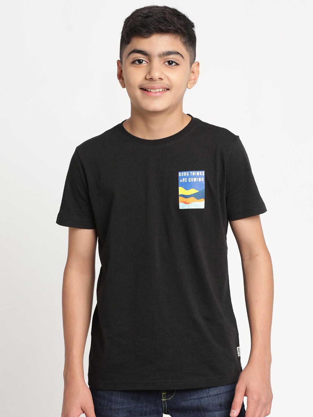 

Indian Terrain Boys Typography Printed Pure Cotton T-shirt, Black