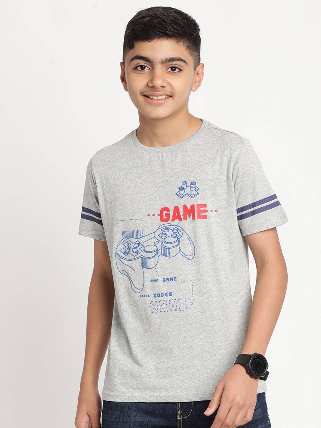 

Indian Terrain Boys Typography Printed Pure Cotton T-shirt, Grey melange