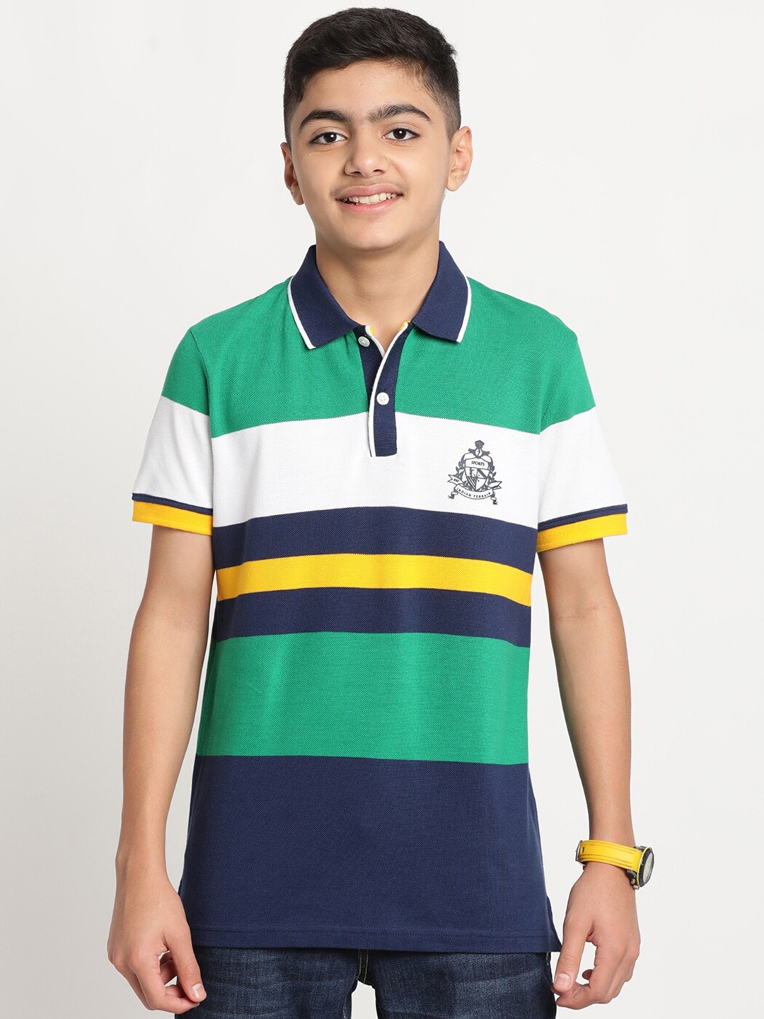 

Indian Terrain Boys Colourblocked Polo Collar Pure Cotton T-shirt, Green