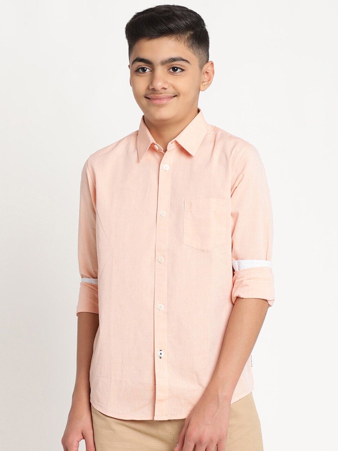 Indian Terrain Boys Standard Fit Casual Pure Cotton Shirt, Peach