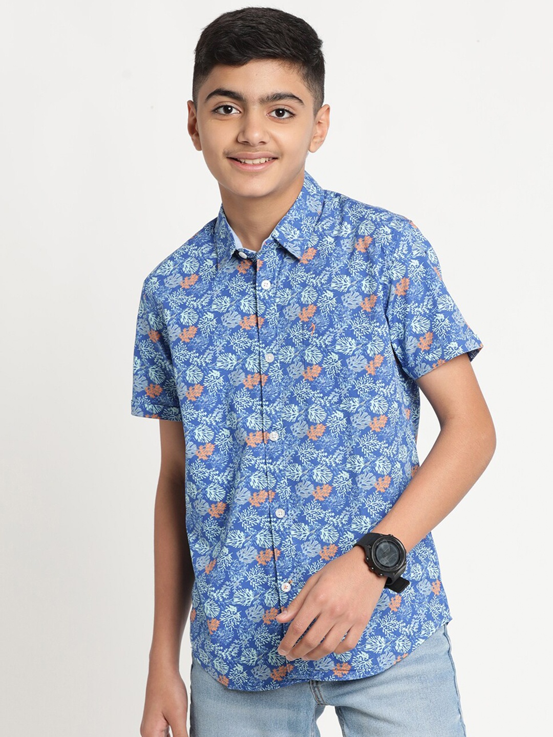 

Indian Terrain Boys Standard Floral Printed Casual Pure Cotton Shirt, Blue
