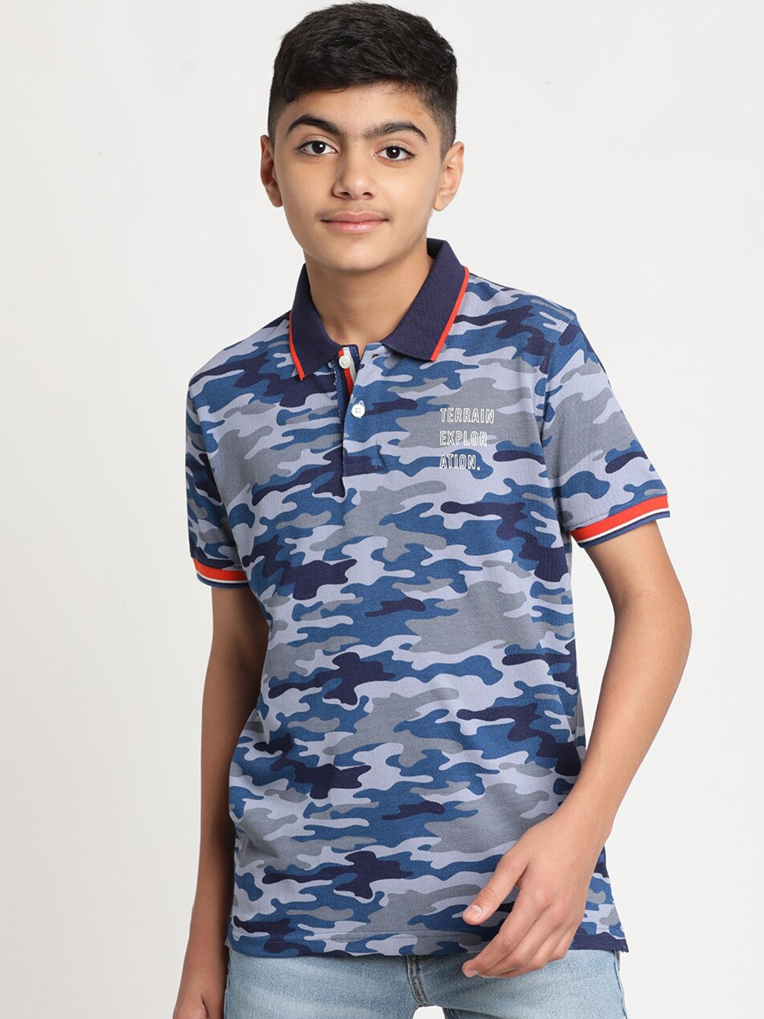 

Indian Terrain Boys Camouflage Printed Polo Collar Pure Cotton T-shirt, Grey