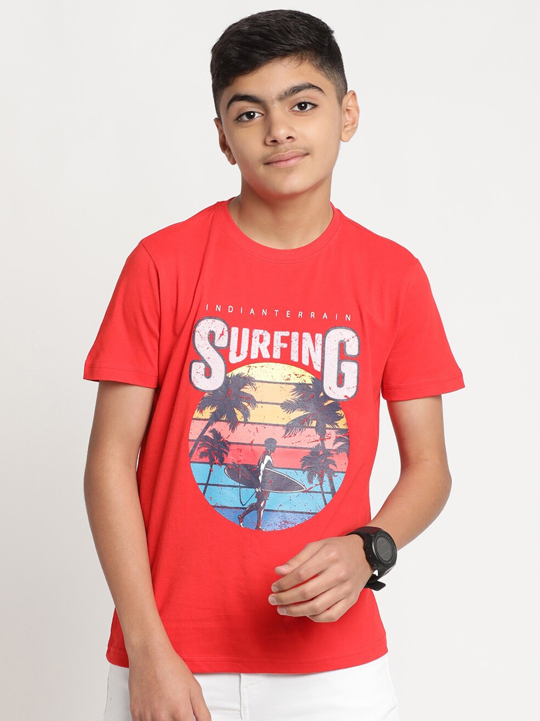 

Indian Terrain Boys Typography Printed Pure Cotton T-shirt, Red