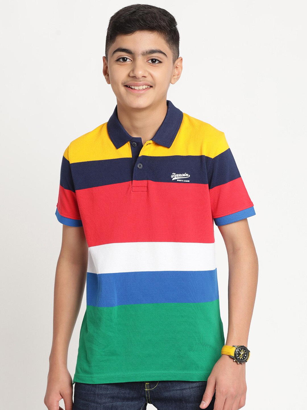 

Indian Terrain Boys Striped Polo Collar Slim Fit Cotton T-shirt, Yellow