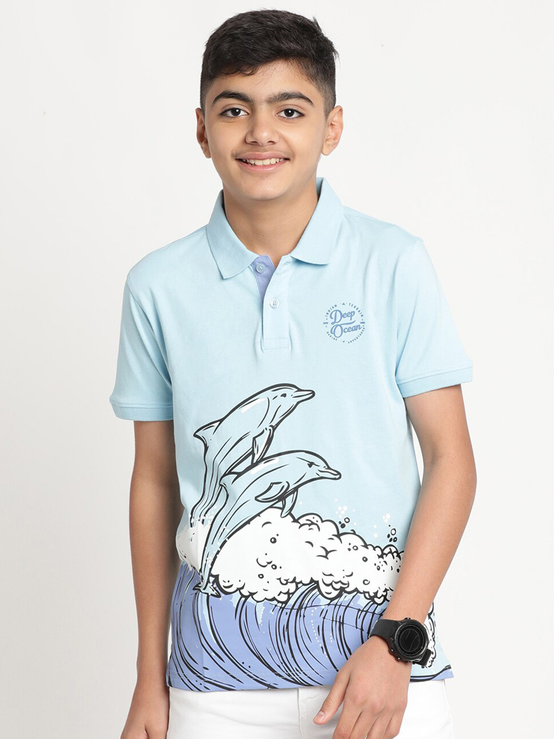 

Indian Terrain Boys Graphic Printed Polo Collar Slim Fit Cotton T-shirt, Blue