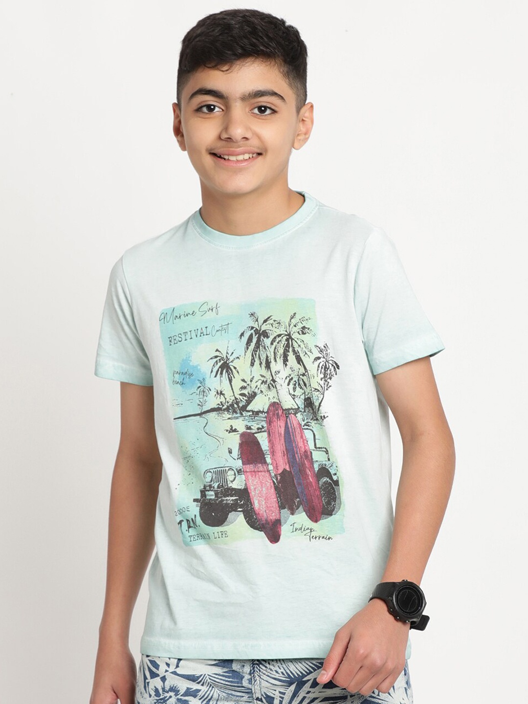 

Indian Terrain Boys Graphic Printed Slim Fit Cotton T-shirt, White