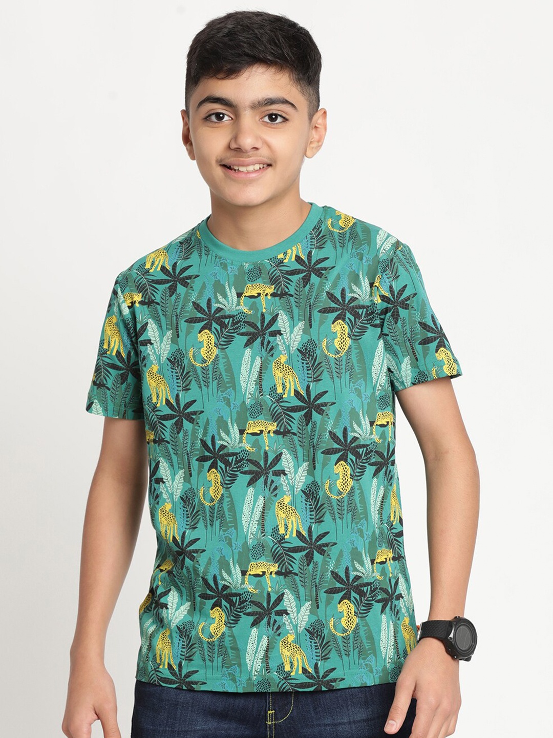 Indian Terrain Boys Tropical Printed Cotton Slim Fit T-shirt, Green