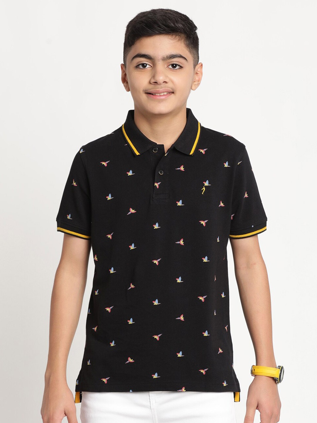 

Indian Terrain Boys Printed Polo Collar Slim Fit Cotton T-shirt, Black