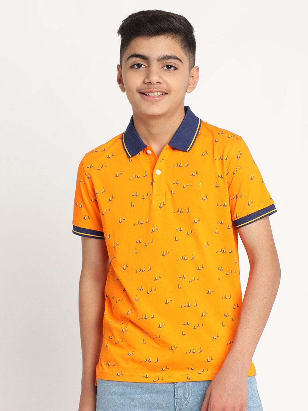 

Indian Terrain Boys Conversational Printed Polo Collar Pure Cotton T-shirt, Orange