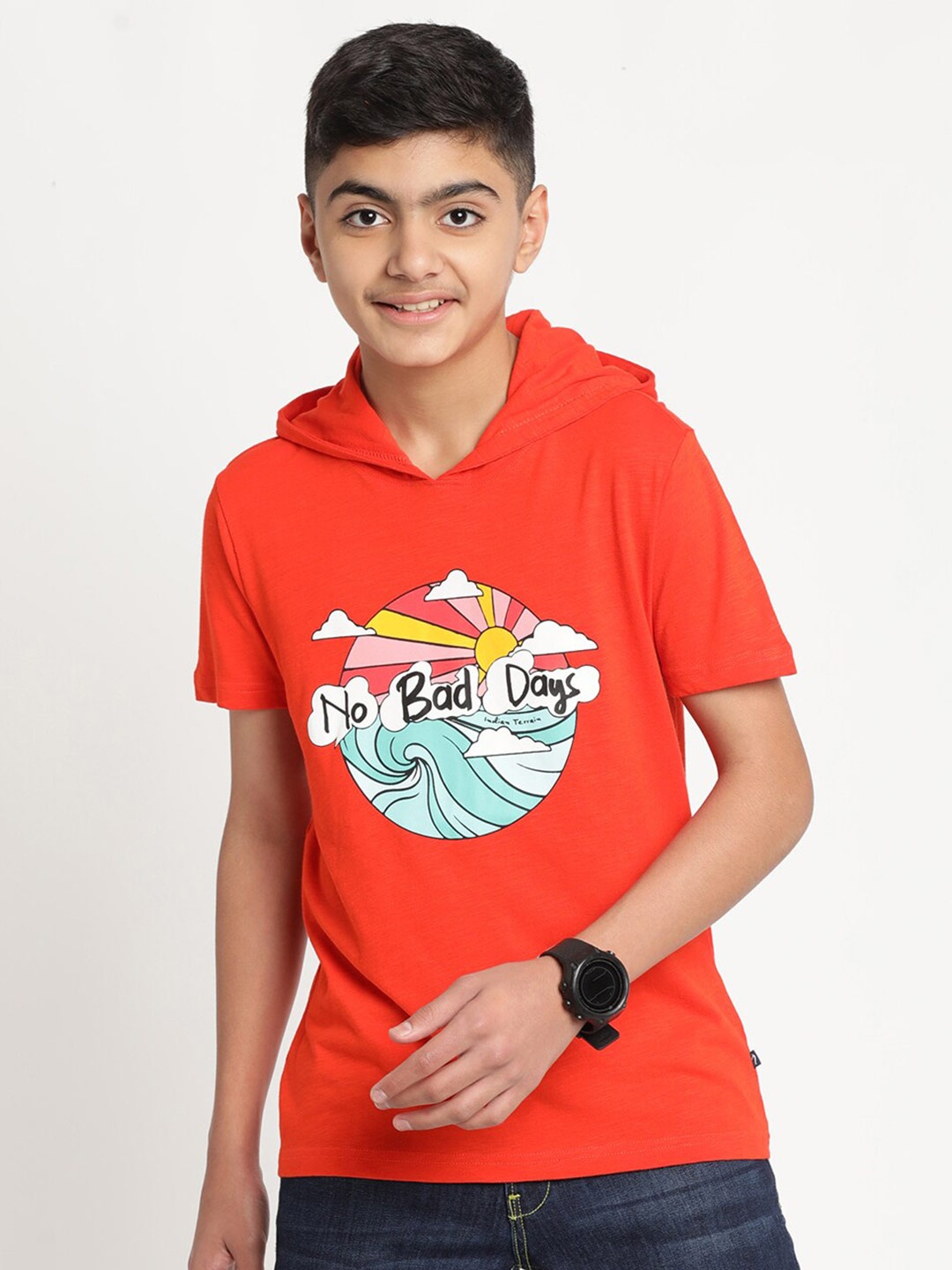 

Indian Terrain Boys Graphic Printed Pure Cotton T-shirt, Orange
